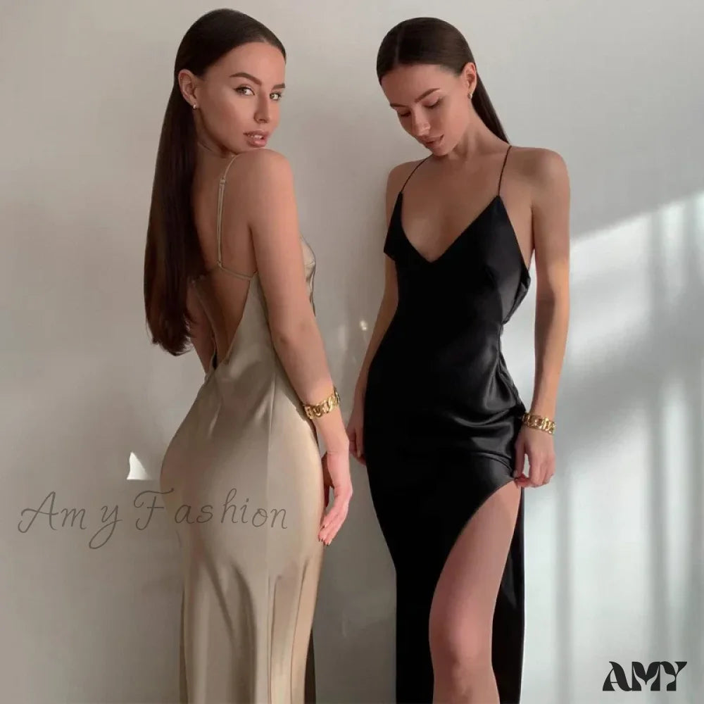 Women's Fashionable Clothing Sets Elegant Contour Amy Fashion - Satin Spaghetti Strap Summer Split   V-neck Elegant Sleeveless Backless Club Party Outfits Sexy