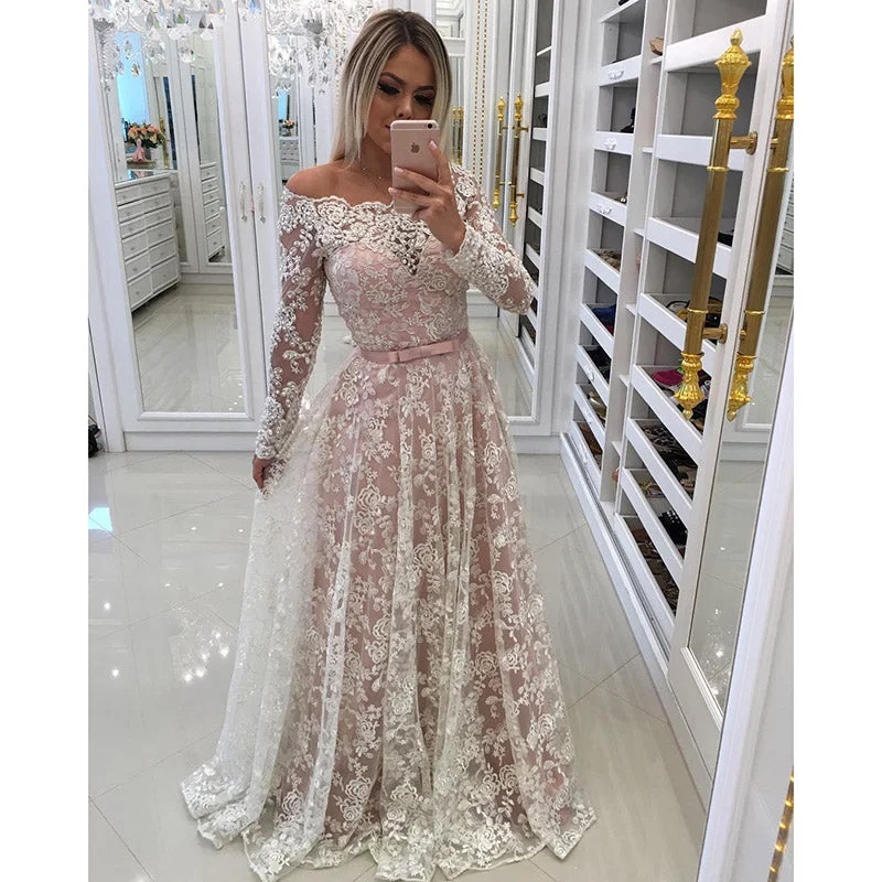 Casual Clothing For Women Elegant Contour Off the Shoulder Long Sleeves Lace Prom Dresses Long Formal Evening Gowns