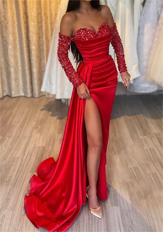 Women's Fashionable Attire For Work Nordic Minimalist Home Look Women High Side Slit Prom Dresses Long Red Evening Gowns Beaded Sweetheart Formal Party Dress YPD710