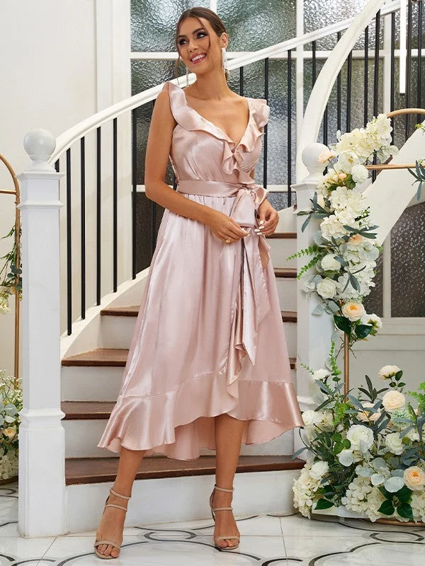 Casual Chic Clothing For Women Minimalist Office - Ready Style A-Line/Princess Silk like Satin Ruffles V-neck Sleeveless Tea-Length Bridesmaid Dresses