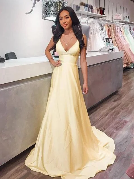 Women's Clothes For Outdoor Events Classic Timeless Elegant Style V Neck Yellow Satin Long Prom Dresses, Long Yellow Formal Graduation Evening Dresses   cg15382