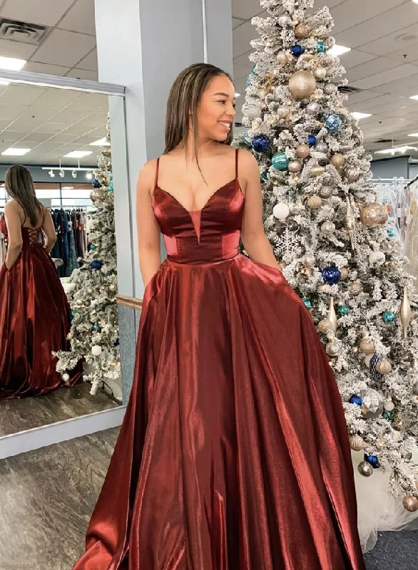 Women's Contemporary Apparel Now on Sale for Chic Urban Styles Burgundy satin long prom dress simple evening dress   cg15674