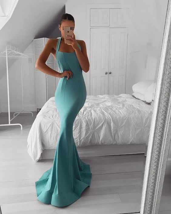 Women's Seasonal Apparel Fashion-Forward Style Teal Satin Halter Long Prom Dress, Simple Evening dress cg6191