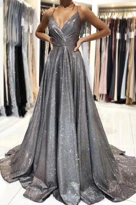 Vintage-Inspired Garments Boho - Chic Festival - Ready Style Shiny A line satin long prom dress gray evening dress    cg16298