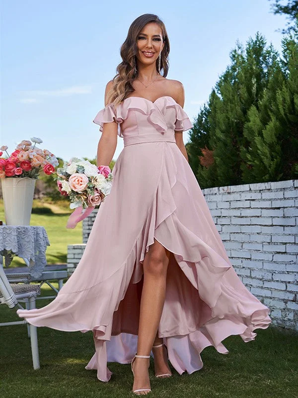 Women's Vintage-Inspired Outfit Y2K Nostalgic Fashion Look A-Line/Princess Chiffon Ruffles Off-The-Shoulder Sleeveless Asymmetrical Bridesmaid Dresses