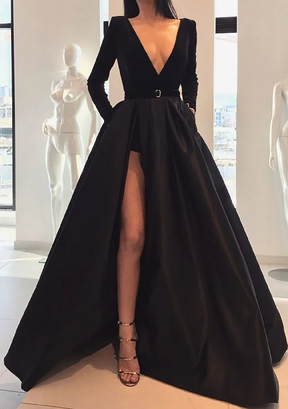 Women's Occasion Wear Apparel Contemporary Elegance Women Deep V-Neck Prom Dress Long Black Evening Gowns Fashion Formal Party Dress YPD787