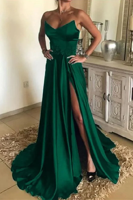 Women's Work Outfit Tropical Island - Inspired Attire Sexy A Line Strapless Long Satin Split Prom Dresses Green cg3888