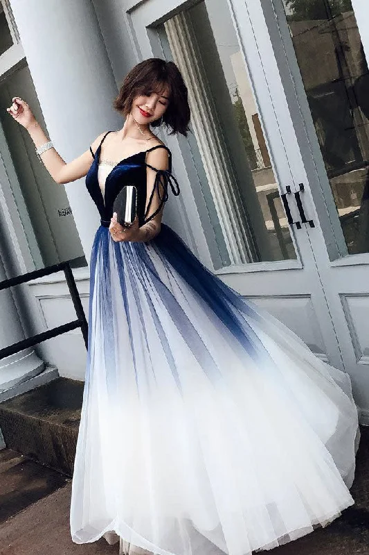 Classic Clothes For Women Bold Patterns Blue Ombre Long Tulle Prom Dresses Unique V Neck Sleeveless Party Dresses Dance Dresses N1599