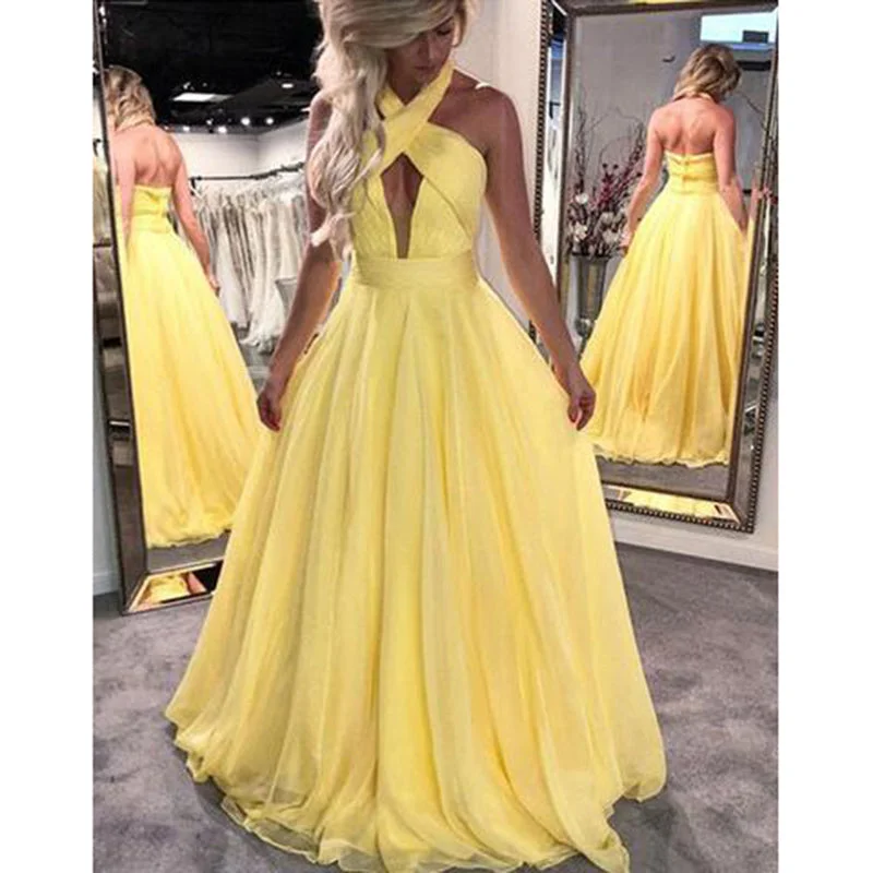 Women's Outerwear Clothing Coastal Beach - Inspired Style Yellow Halter Sexy A Line Prom Dress Long Graduation Dresses Chiffon Evening Gown LP0513