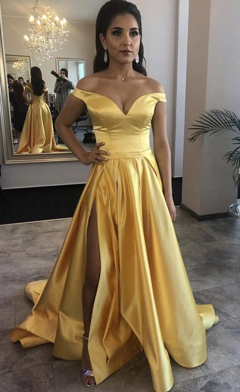 Women's Holiday Outfit Mid - Season Sale Sexy Leg Slit Off Shoulder Long Satin Yellow prom dress cg3663