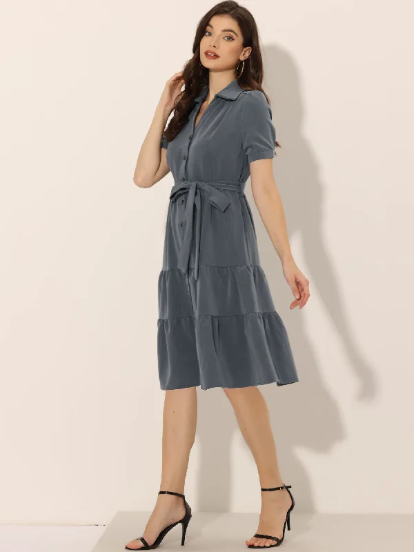 Women's Clothing For Casual Outings Grab Romantic Date - Night Styles Now Summer Chambray Short Sleeve Button Tie Waist V Neck Shirt Dress