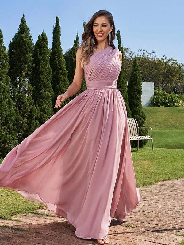 Women's Clothing For Holiday Travel Romantic Detailing A-Line/Princess Chiffon Ruched One-Shoulder Sleeveless Floor-Length Bridesmaid Dresses