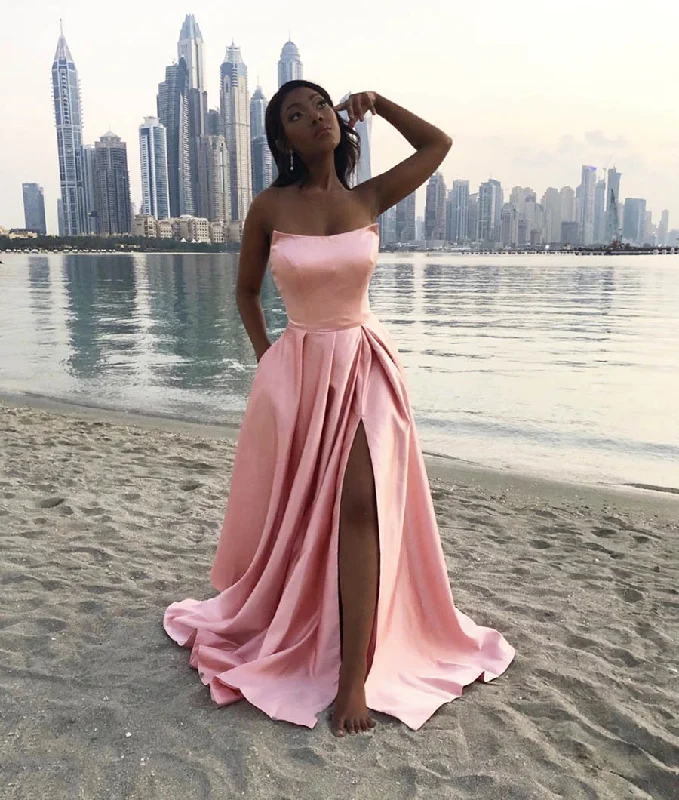 Women's Stylish Casual Garments Feminine Soft - Hued Styles PINK SATIN LONG PROM DRESS SIMPLE EVENING DRESS   cg15986