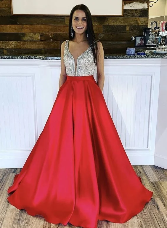 Formal Attire For Women Feminine Soft - Hued Look Red v neckline satin long prom dress with beaded bodice formal dress   cg14129