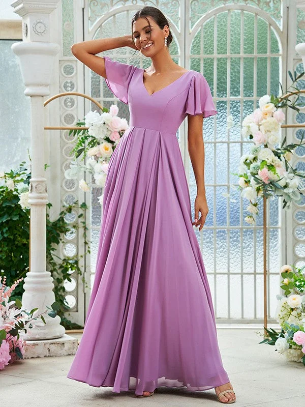 Women's Transitional Clothes Graceful Movement A-Line/Princess Chiffon Ruffles V-neck Short Sleeves Floor-Length Bridesmaid Dresses