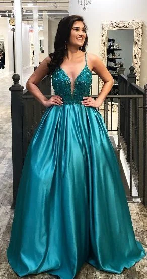 Casual Chic Women's Clothes Art Deco Geometric Pattern Look Gorgeous Beaded Top Teal Satin Long Prom Dress   cg15330