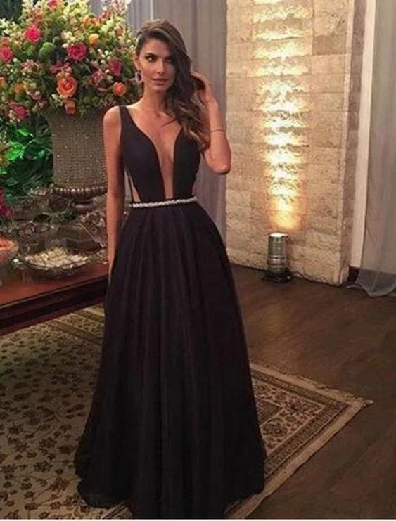 Women's High-Fashion Apparel Big Savings on Minimalist Office Styles Black Satin Prom Dresses A-line Long Sleeveless Deep V Neck Evening Dresses   cg5881