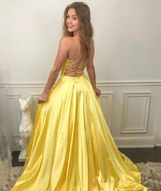 Fashion-Forward Women's Clothing Art Deco Geometric Pattern Look YELLOW V NECK SATIN LONG PROM DRESS SIMPLE EVENING DRESS   cg14829