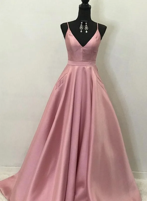 Modern Women's Outfit Last Chance Sale Pink v neck satin long prom dress pink evening dress   cg14637