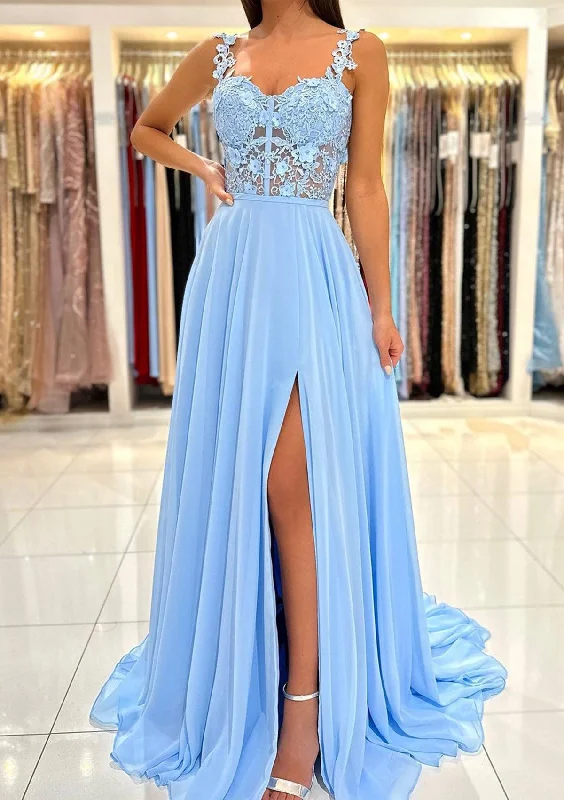 Women's Relaxed Clothes Clearance Event Women Blue Chiffon Prom Dress with Appliques Long Side Slit Evening Gowns Fashion Formal Party Dress YPD762