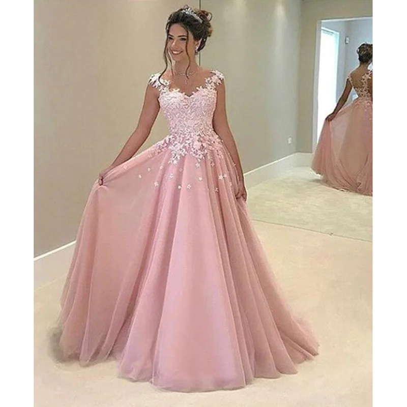 Women's Resort Apparel Dreamy Draping LP5698 Pink Long Tulle Lace Appliqued Prom Dresses Homecoming Gown   VestidoDe Festa Longo