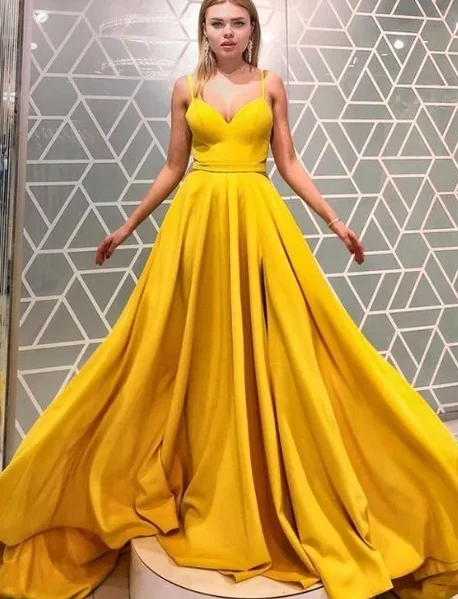 Chic Clothing For Women Now on Sale for Chic Urban Styles Yellow Prom Dress,A-Line Prom Gown,Satin Prom Dress,Spaghetti Straps Prom Gown cg4889