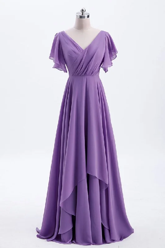 Classic Women's Clothing Styles Mid - Week Surprise Flutter Sleeves Lavender Chiffon A-line Long Bridesmaid Dress      S3493