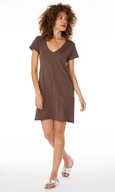 Women's Evening Clothing Classic Timeless Elegant Style V Neck Raw Edge T-Shirt Dress - Earth