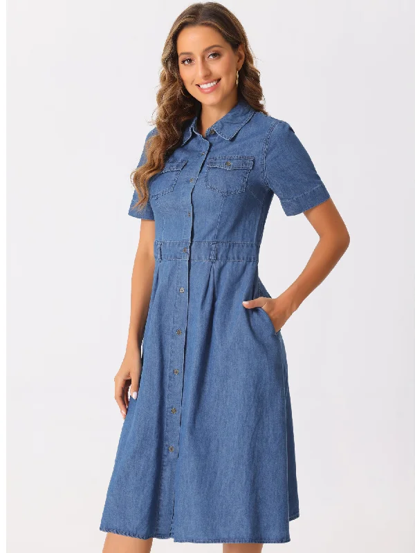 Affordable Trendy Clothes For Women Feminine Grace Denim Pockets Button Up Short Sleeve A-Line Midi Jean Shirt Dress