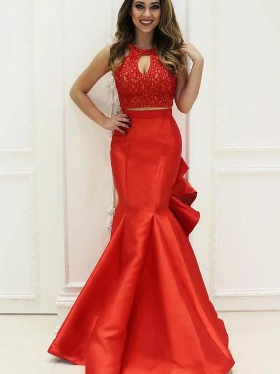 Women's Formal Event Outfit Effortless Sophistication 2 Pieces Lace Top Mermaid Satin Ruffles Prom Dresses  cg6474