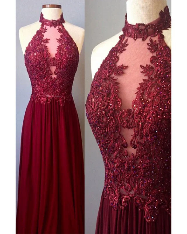 Modern Women's Clothes Vintage Elegance High Neck 2019 Prom Dresses Long Lace Senior Burgundy graduation Long Gown LP690