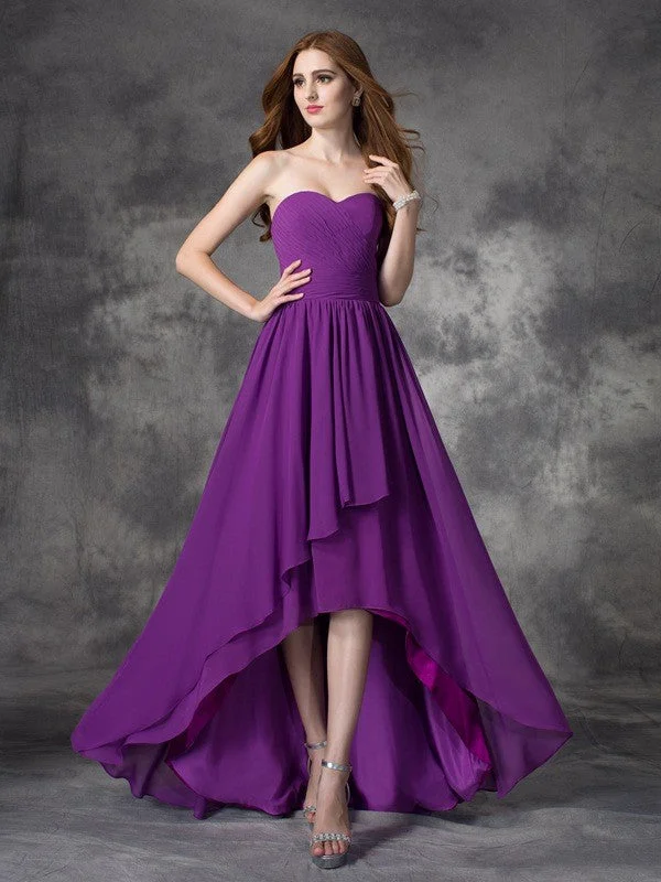 Women's Casual Clothing For Lounging Graceful Movement A-line/Princess Sweetheart Ruffles Sleeveless High Low Chiffon Bridesmaid Dresses