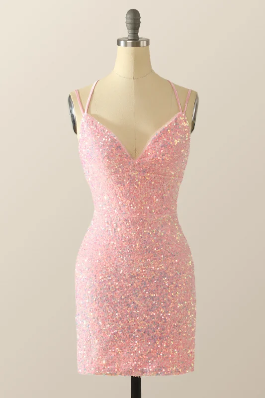 Women's Comfortable Lounge Garments Discounts on Casual Weekend Styles Double Straps Pink Sequin Bodycon Mini Dress