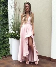 Women's Trendy Clothes Flash Deals Simple A Line V Neck Elastic Satin  High Low Prom Dresses, Formal Evening Dresses cg5448