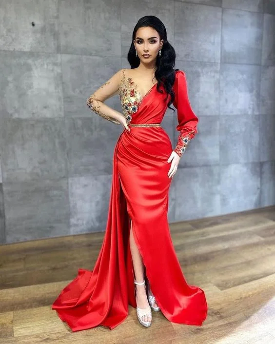 Stylish Clothes For Women Limited Quantities HIGH QUALITY SATIN LONG SLEEVES MERMAID EVENING GOWNS PROM DRESS  cg19797