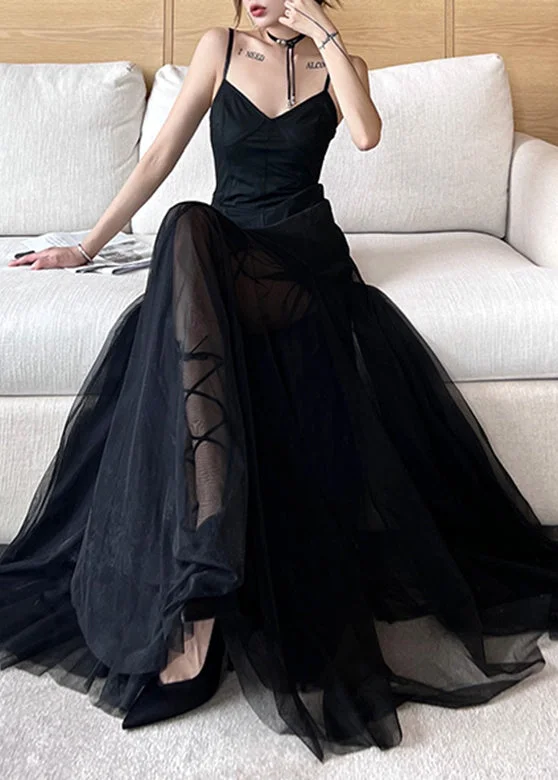 Women's Casual Wear Clothing Discounts on Casual Weekend Styles French Black Slash Neck Tulle Holiday Long Slip Dress Sleeveless