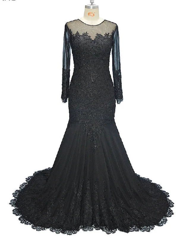 Women's Holiday Clothing Big Savings on Rustic Countryside Styles Classy Mermaid Black Evening Dress Long Sleeves Lace Beading Women Formal Gowns