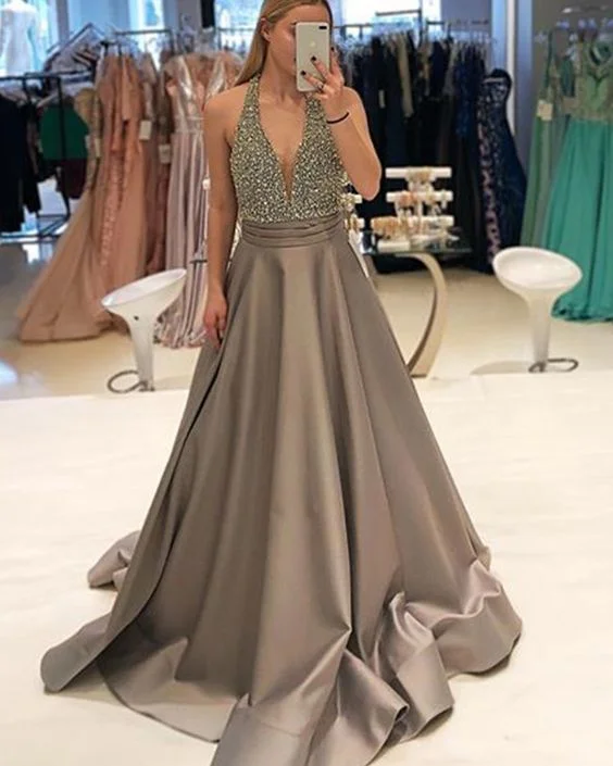 Timeless Women's Clothing Buy More, Save More Halter Beading Bodice Satin Brown Prom Dress  cg7610