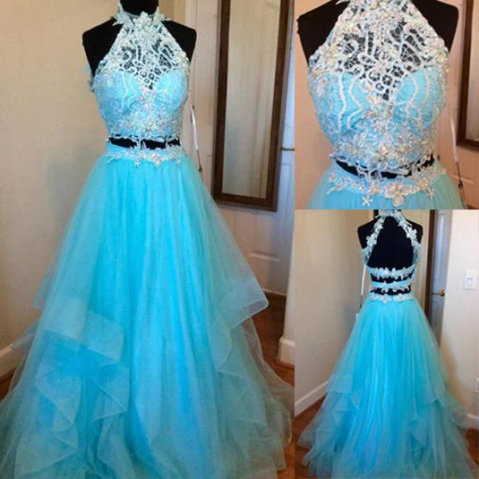 Women's Vacation Garments End - of - Month Blowout LP3654 Halter Blue Prom Dress two Pieces Long Formal Gown Pageant Dress 2018