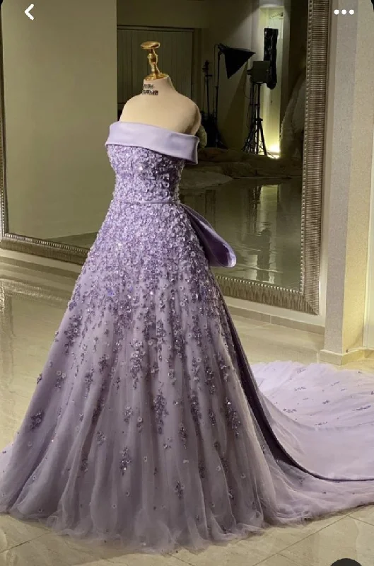 Women's High-Fashion Attire Rustic Countryside Charm Look Pretty Ball Gown Strapless Lilac Tulle Long Evening Dress Prom Dresses With Flowers C3692