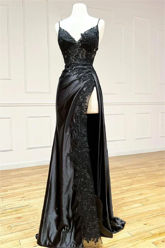 Women's Clothing For Outdoor Events Holiday Sale Women Side Slit Prom Dress Long Black Appliques Evening Gowns Spaghetti Straps Formal Party Dress YPD743