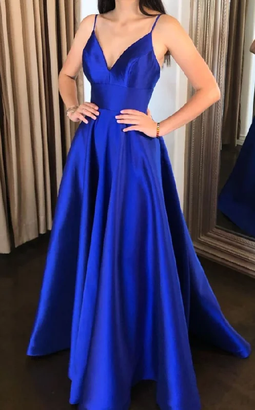 Women's Everyday Clothes Final Clearance Simple v neck blue satin long prom dress blue evening dress cg5007