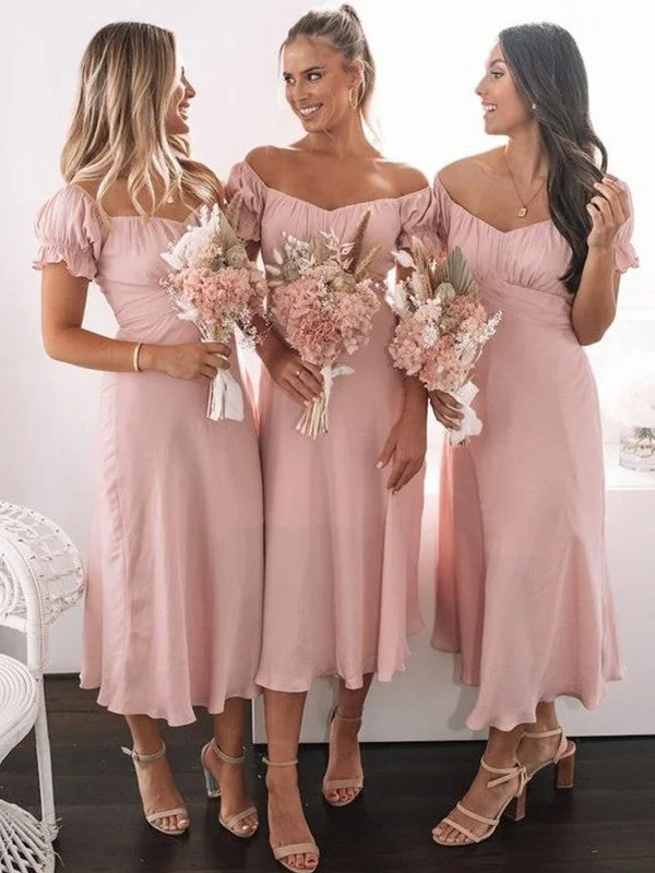 Women's Night-Out Clothes Romantic Detailing A-Line/Princess Sweetheart Chiffon Ruched Short Sleeves Tea-Length Bridesmaid Dresses