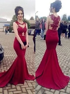 Stylish Women's Outfit Subtle Sophistication Beautiful Prom Dresses, Trumpet/Mermaid Sleeveless Scoop Sweep/Brush Train Applique Satin Dresses  cg7270