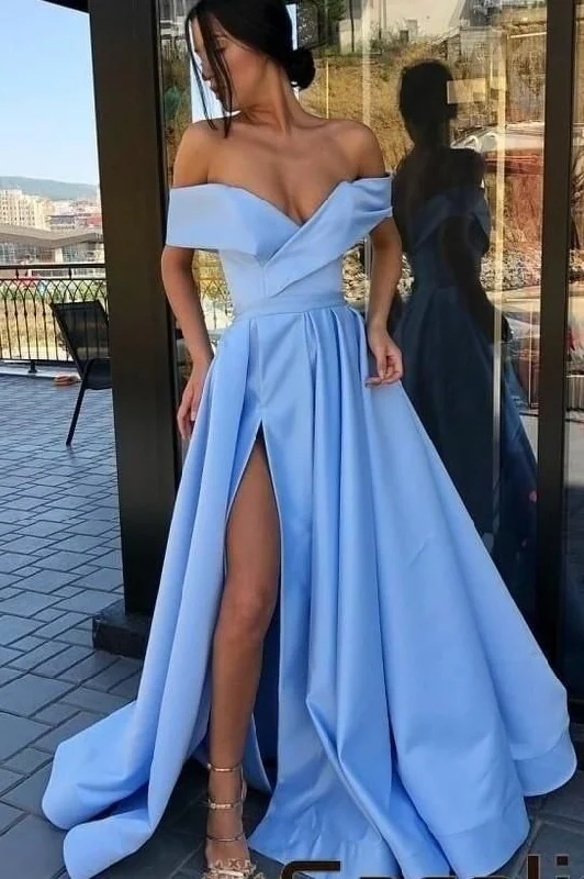 Women's Travel Apparel Feminine Soft - Hued Look Blue Satin Long Prom Party Dresses with Off-the-shoulder  cg6063