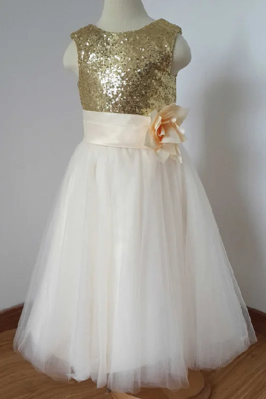 Women's Seasonal Clothes Great Deals on Ethnic Cultural Wear A Line Sleeveless Floor Length Gold Sequin Tulle Flower Girl Dresses with Flower F036