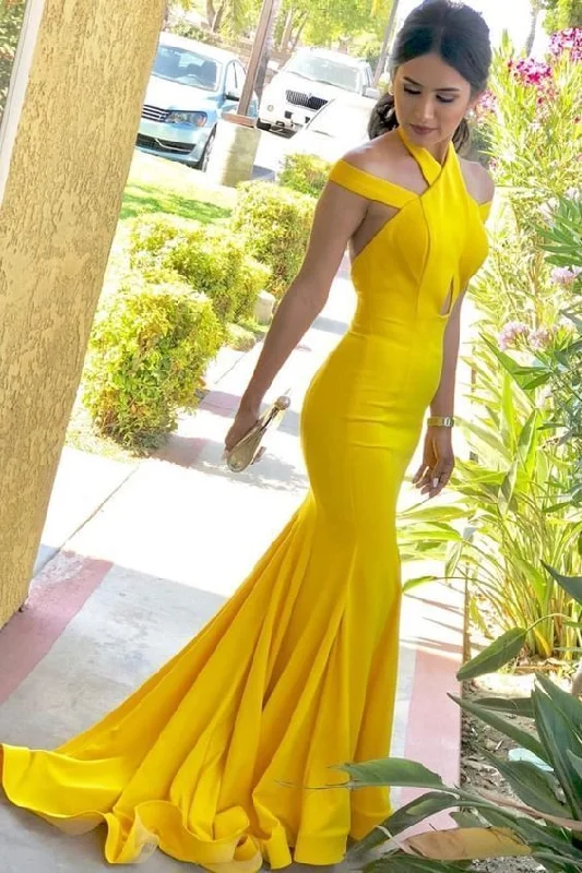 Women's Evening Clothes Last Chance Sale Mermaid Halter Backless Sweep Train Yellow Satin Prom Dress with Keyhole cg5425