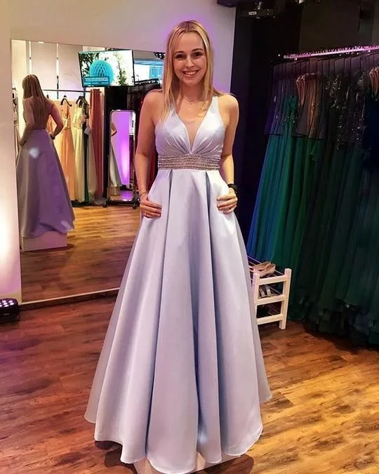 Trendy Athleisure Clothing For Women Casual Weekend Relaxed Style V-Neck Floor length Satin Prom Dress with Beading cg4011