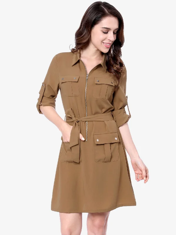 High-Fashion Women's Clothing Flash Sale Roll Up Sleeve Multi-Pocket Safari Belted Collared Shirt Dress