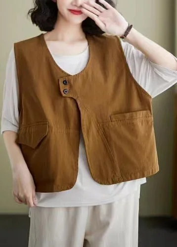 Women's Trendy Casual Clothes Nordic Minimalist Home Look French brown Pockets Patchwork Cotton Vest Sleeveless